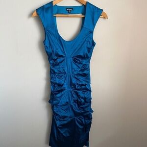 Le Chateau Shiny Teal Sleeveless Open Back Ruffled Pencil Dress Size‎ Small